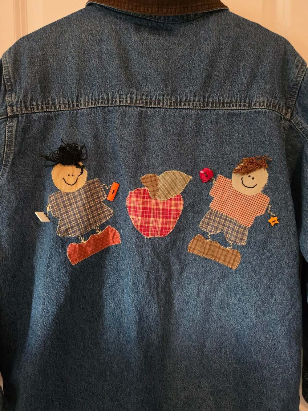 Cabin Creek Denim Jacket Medium Teacher School Applique Scarecrow Fall Patchwork - Picture 5 of 10
